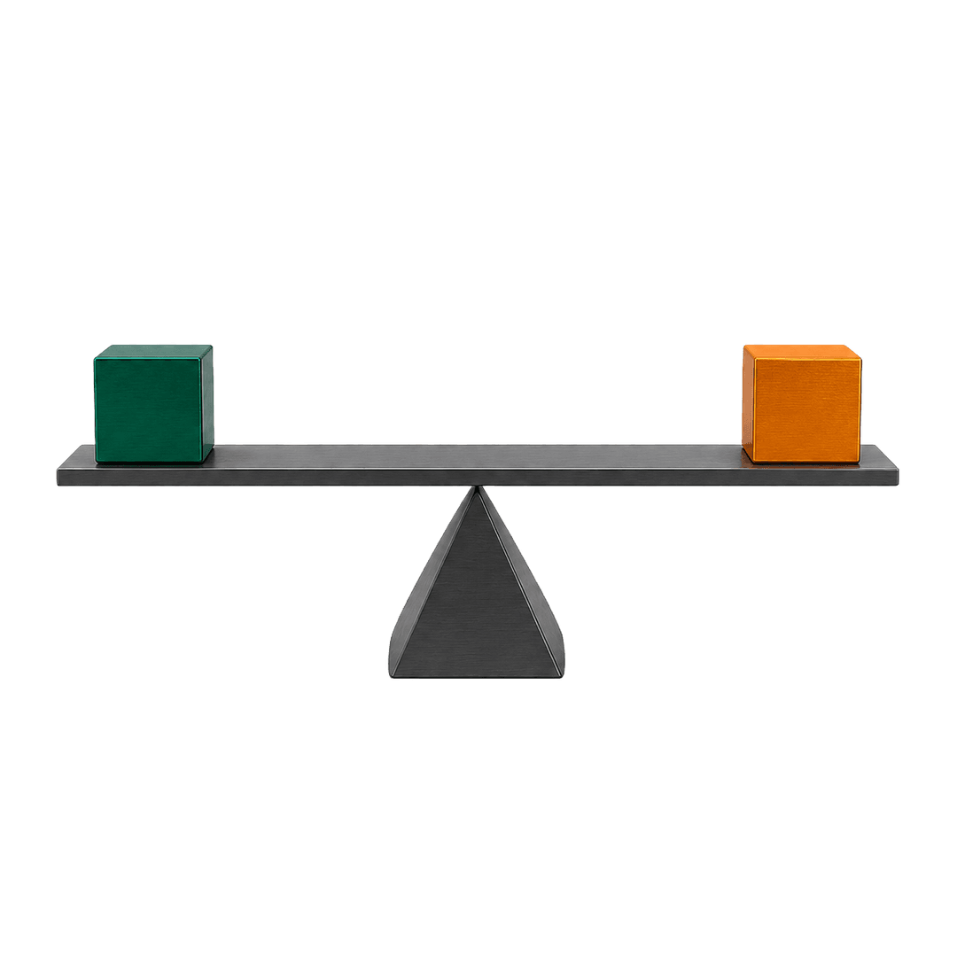 A level balance beam with an emerald cube and an amber cube of equal size: money in, money out, in equilibrium