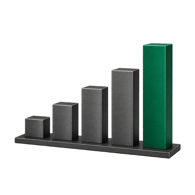 An ascending bar chart of graphite blocks with an emerald final bar