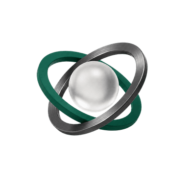 A polished sphere orbited by a graphite ring and an emerald ring
