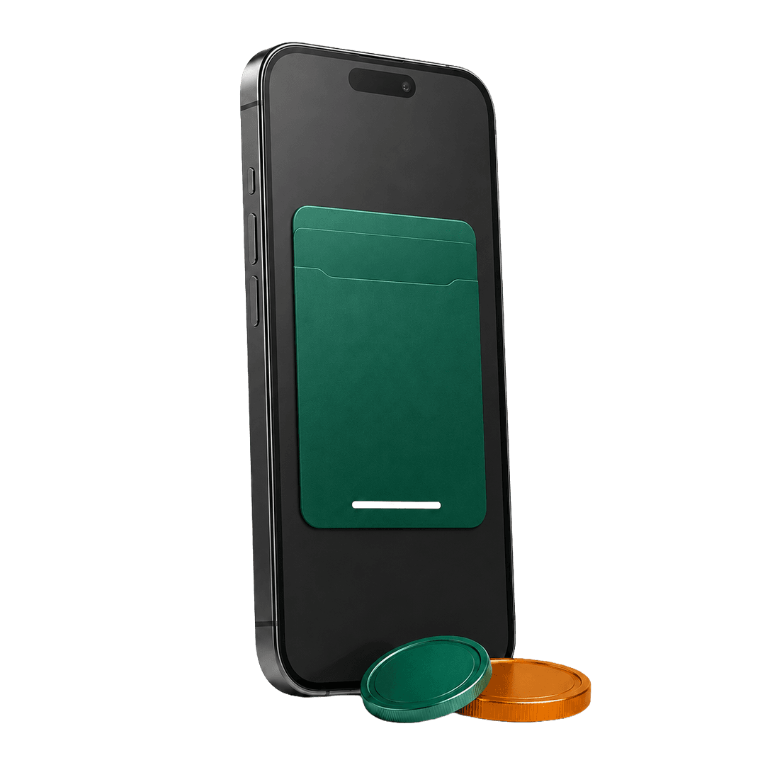 A smartphone showing an emerald wallet card, with an emerald and an amber coin at its base